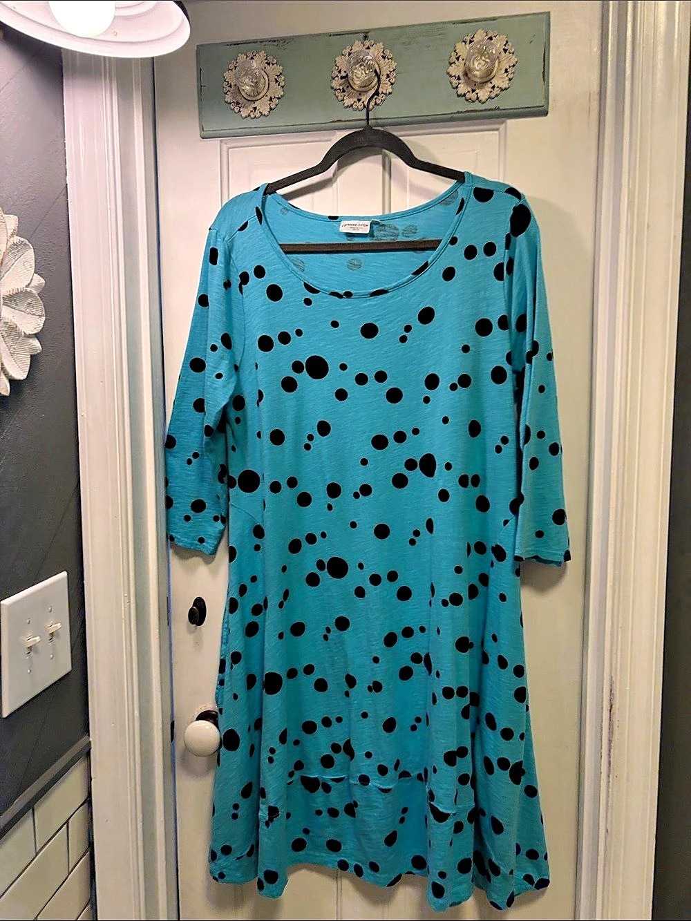Prairie Cotton Polka Dot Mini Dress in Blue & Black Size Medium